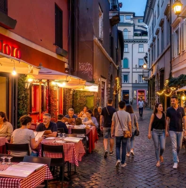 Trattoria tables set out along a Roman lane in the evening